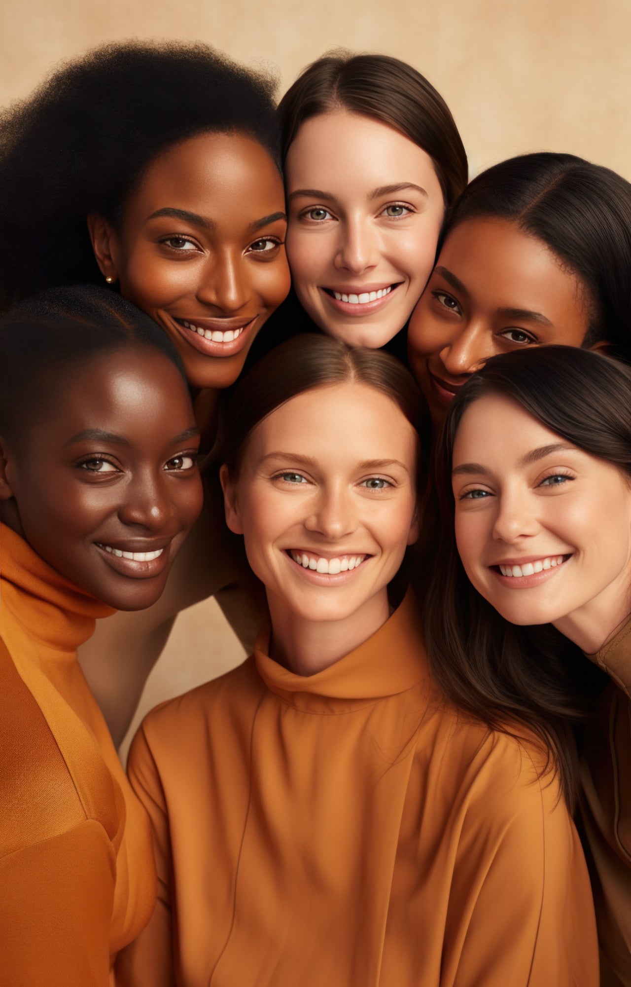 Group of five women with diverse skin tones smiling together against a beige background